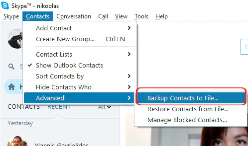 Skype Contacts menu with Advanced and Backup Contacts to File highlighted