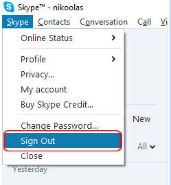 Skype menu with Sign Out highlighted