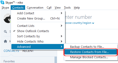 Skype Contacts menu with Advanced and Restore Contacts from File highlighted