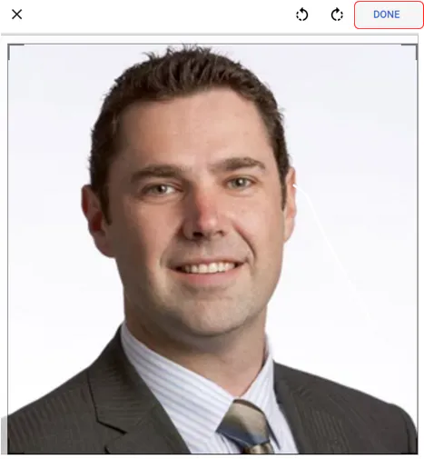 Google Contacts photo crop screen with rotate buttons and Done highlighted