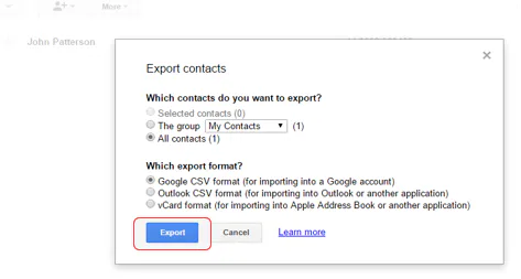 Google Contacts Export contacts dialog with the Export button highlighted