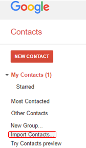 Old Google Contacts sidebar with Import Contacts highlighted