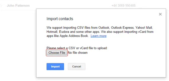 Google Contacts Import contacts dialog with the Choose File button highlighted
