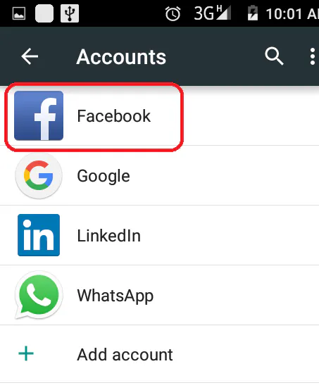 Android Accounts list with Facebook circled
