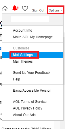 AOL Mail Options menu with Mail Settings highlighted