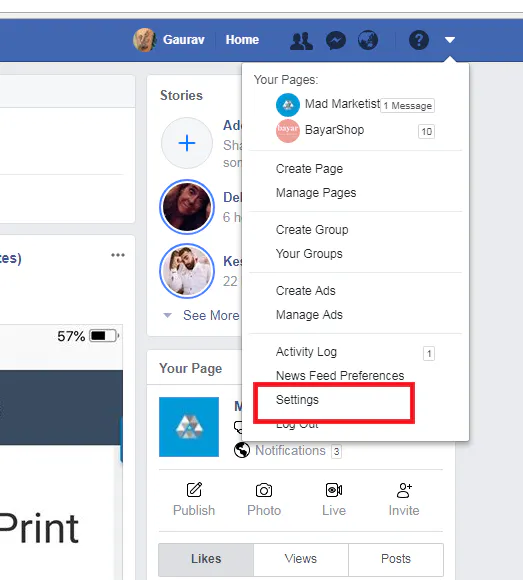 Facebook account menu from the top bar dropdown arrow with Settings highlighted