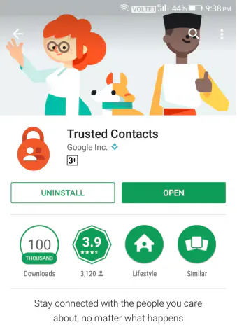Trusted Contacts app page in Google Play with the Open button