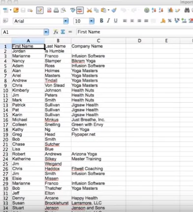 Contact list saved as a spreadsheet with first name, last name and company name columns, ready for import