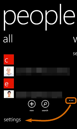 Windows Phone People app with the three-dot menu leading to settings