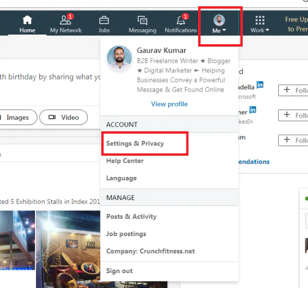 LinkedIn Me menu open from the profile picture with Settings & Privacy highlighted