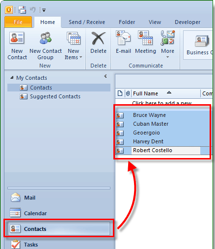 Outlook Contacts view with the contacts for the mail merge selected