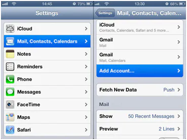 iPhone Settings with Mail, Contacts, Calendars, then Add Account