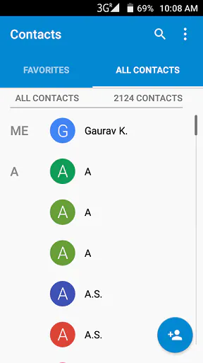 Android Contacts app listing all contacts