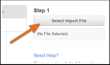 Import2 Step 1 with an arrow pointing to the Select Import File button