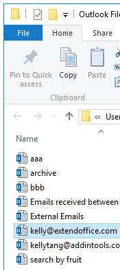 File Explorer window with the File tab at the top left, listing Outlook data files
