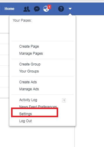 Facebook account menu from the top bar dropdown arrow with Settings highlighted