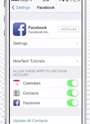 iPhone Facebook settings allowing Calendars and Contacts, with Update All Contacts