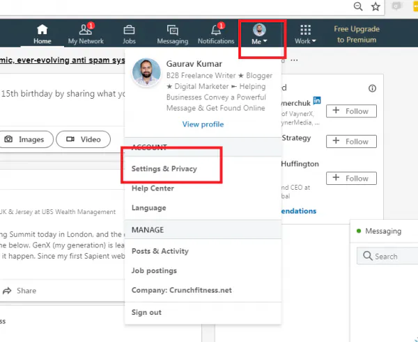 LinkedIn Me menu opened from the profile picture, with Settings & Privacy highlighted