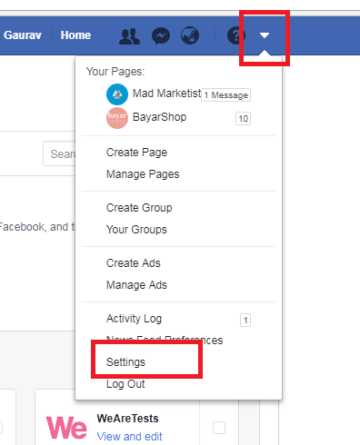 Facebook account menu from the top bar dropdown arrow with Settings highlighted