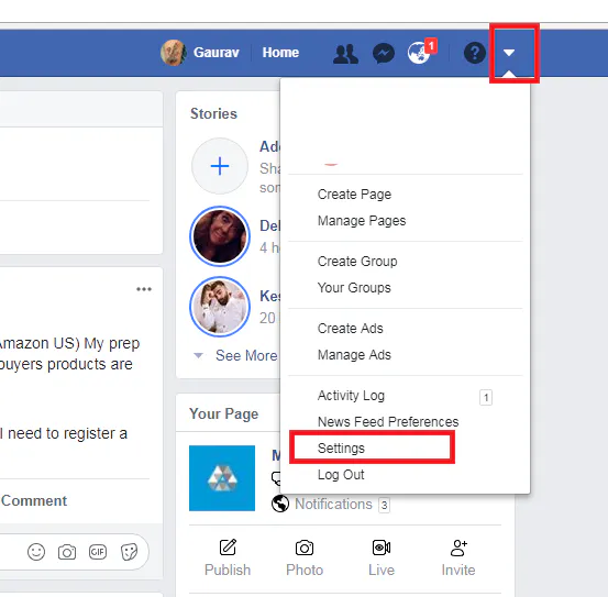 Facebook menu opened from the arrow at the top right, with Settings highlighted