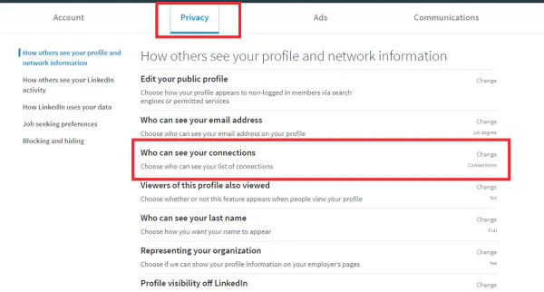 LinkedIn Privacy settings with Who can see your connections highlighted