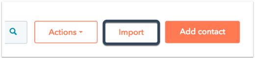 HubSpot contacts page with the Import button highlighted