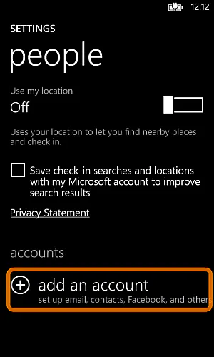 Windows Phone People settings with add an account highlighted