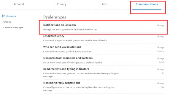 LinkedIn Communications settings with Notifications on LinkedIn highlighted