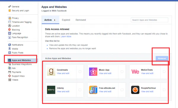 Facebook Apps and Websites settings with the active apps and the Remove button highlighted