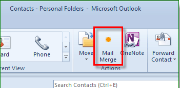 Outlook Contacts toolbar with Mail Merge highlighted