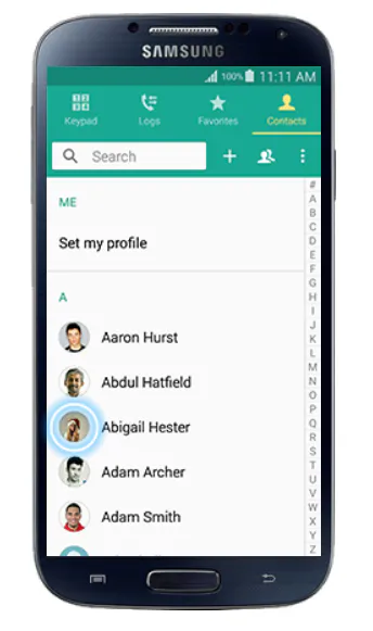 Samsung phone contact list with a contact selected to share