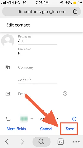 Google Contacts Edit contact form on mobile with an arrow pointing to Save