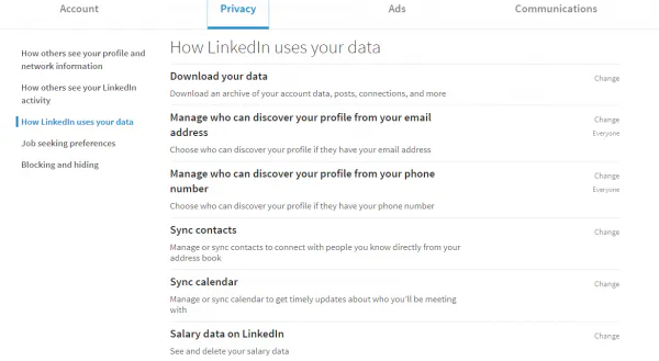 LinkedIn Privacy settings, How LinkedIn uses your data, with profile discovery and sync options