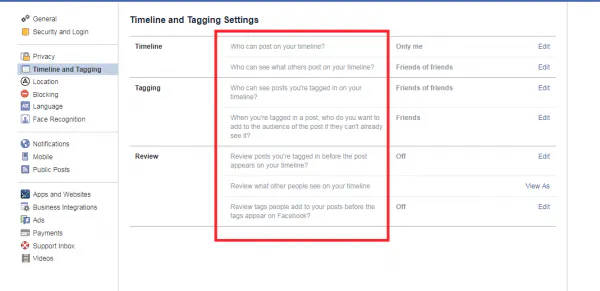 Facebook Timeline and Tagging Settings with the timeline, tagging and review options highlighted