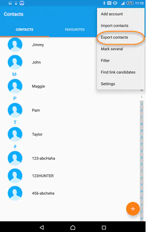 Android Contacts menu with Export contacts highlighted