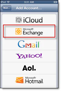 iPhone Add Account list with Microsoft Exchange highlighted