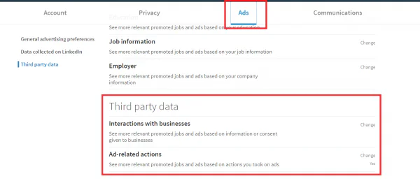LinkedIn Ads settings tab with the Third party data section highlighted