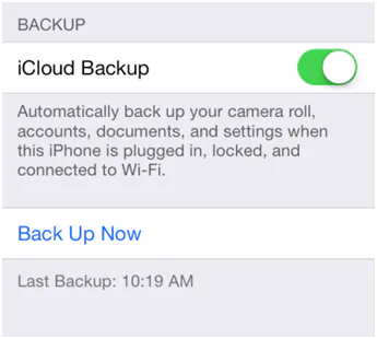 iPhone iCloud Backup switch turned on, with Back Up Now and the last backup time