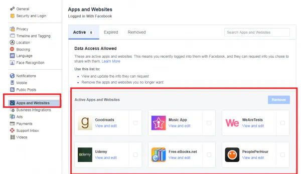 Facebook Apps and Websites settings listing the active apps logged in with Facebook