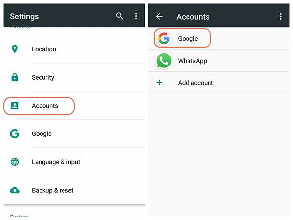 Android Settings with Accounts highlighted, then the Accounts list with Google highlighted