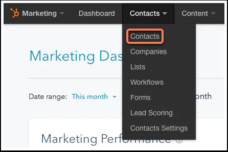 HubSpot Contacts menu with Contacts highlighted