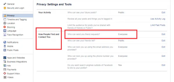 Facebook Privacy Settings with Who can send you friend requests highlighted