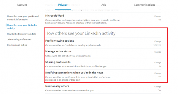 LinkedIn Privacy settings with the How others see your LinkedIn activity section highlighted