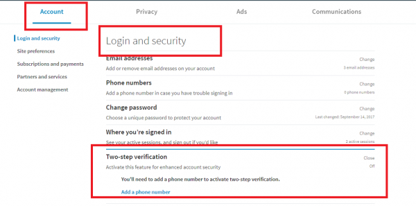 LinkedIn Account settings, Login and security, with the Two-step verification option highlighted