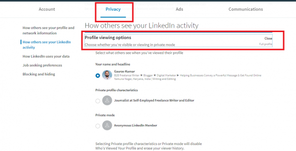 LinkedIn Privacy settings with Profile viewing options open, including Private mode