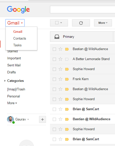 Gmail with the Gmail dropdown open, offering Contacts