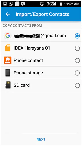 Android Import/Export Contacts screen for choosing where to copy contacts from