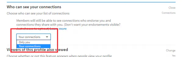 LinkedIn Who can see your connections menu with Only you or Your connections