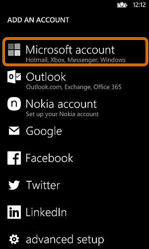 Windows Phone Add an account list with Microsoft account highlighted