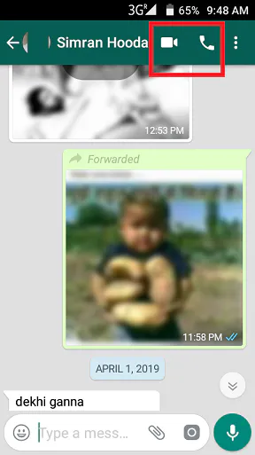 WhatsApp chat on Android with the video and voice call buttons highlighted